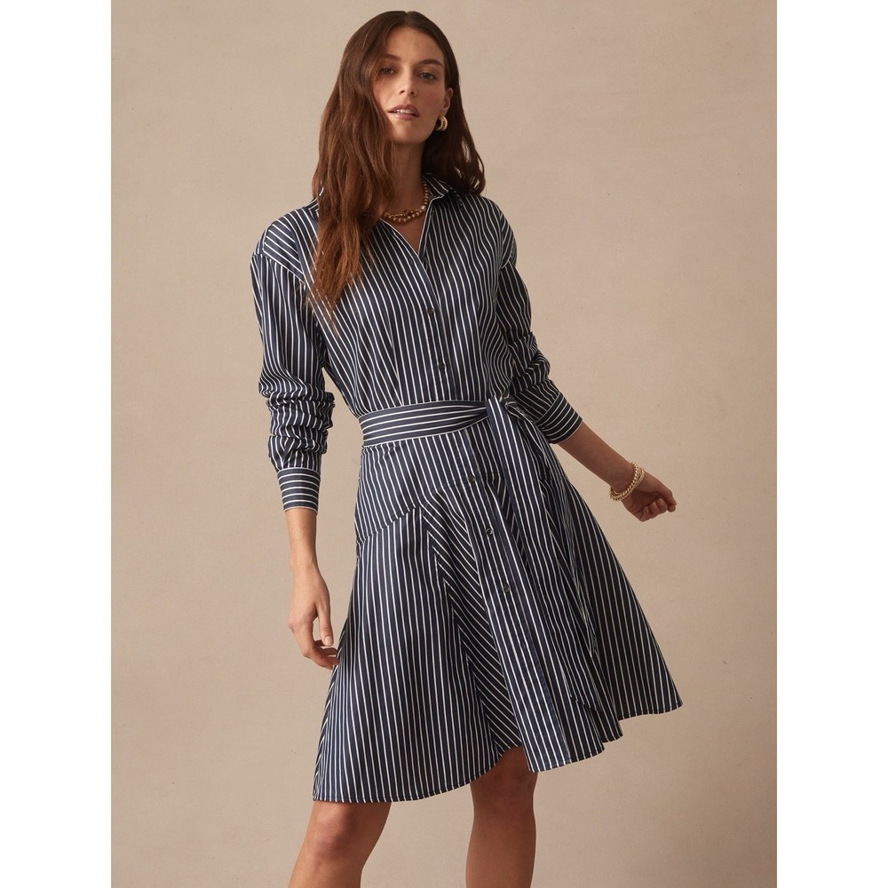 NWT J. McLaughlin Mary Shirt Dress 12 Navy White Stripe Long Sleeve Tie Waist